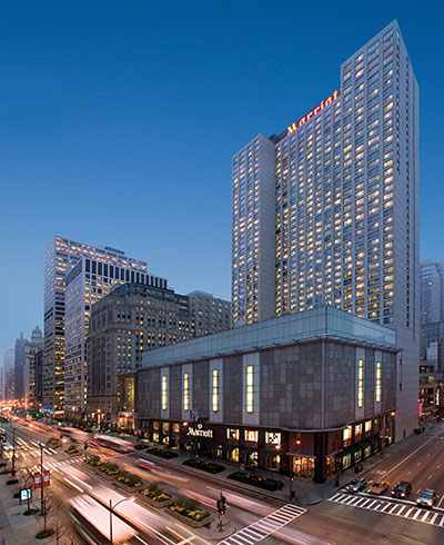 Exterior shot of the Chicago Marriott Downtown Magnificent Mile at twilight